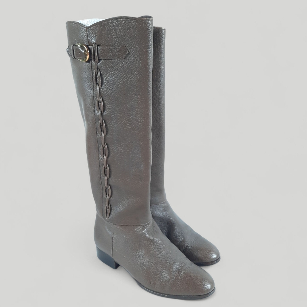80s GUCCI Riding Boots Leather Equestrian Tall Buckle Logo Knee Vtg GG Taupe 6